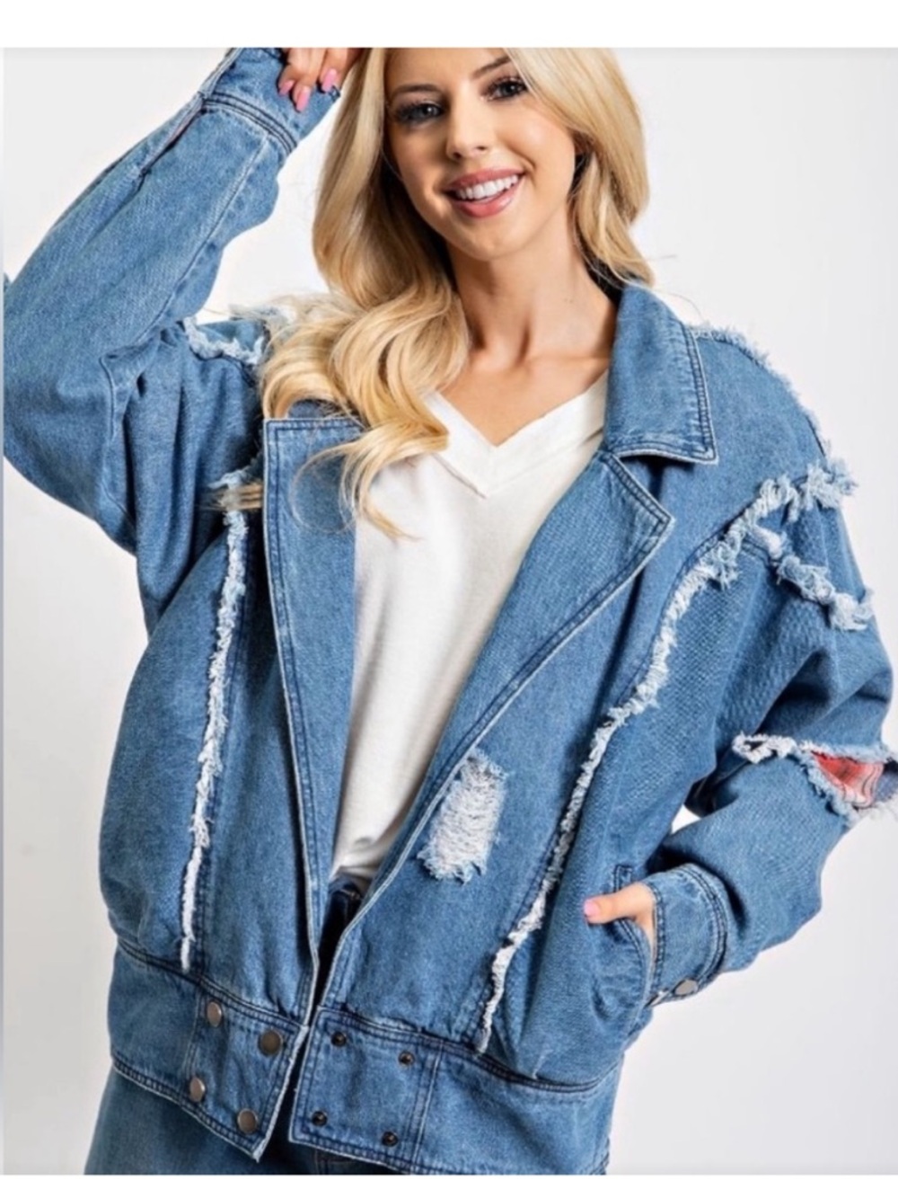 easel Blue Distressed Denim Jacket with Red Plaid Lining - Picture 2 of 7